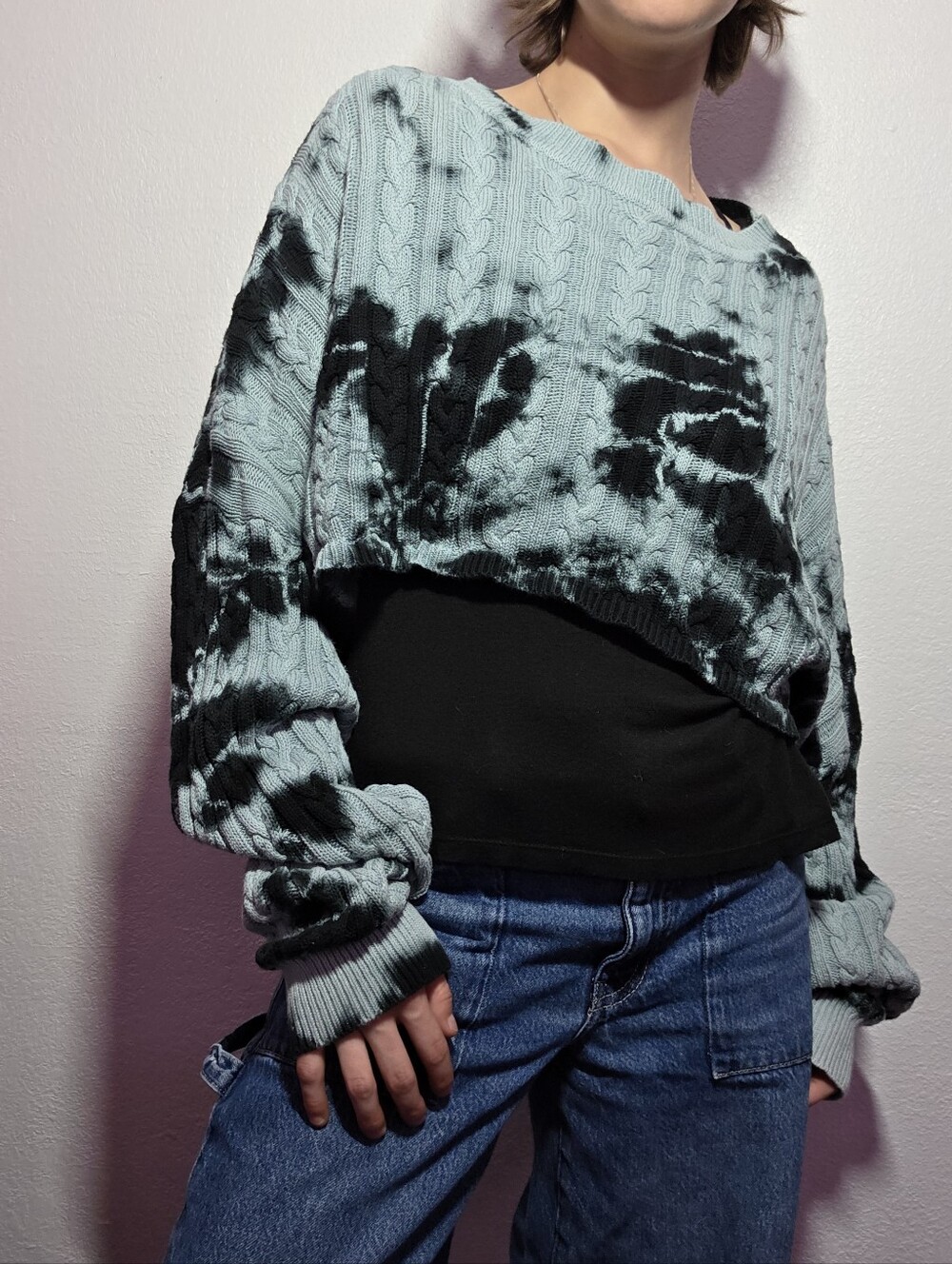 Cropped Cable-Knit Tie-Dye Sweater - Baby Blue & Black
